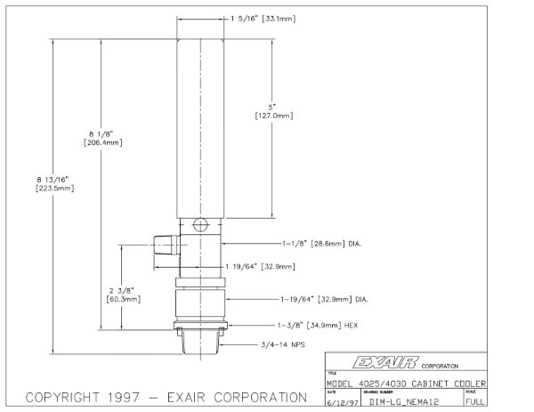 NHP Cabinet Cooler Only, 1000 Btu/hr, 1/4 NPT, 15 SCFM/425 SLPM