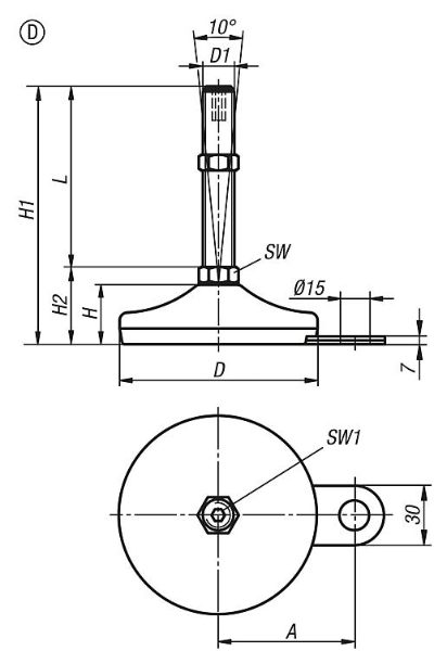 Levelling feet steel or stainless steel Form D Drawing