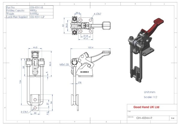 GH-40344-R 900Kg vertical latch toggle clamp with safety lock