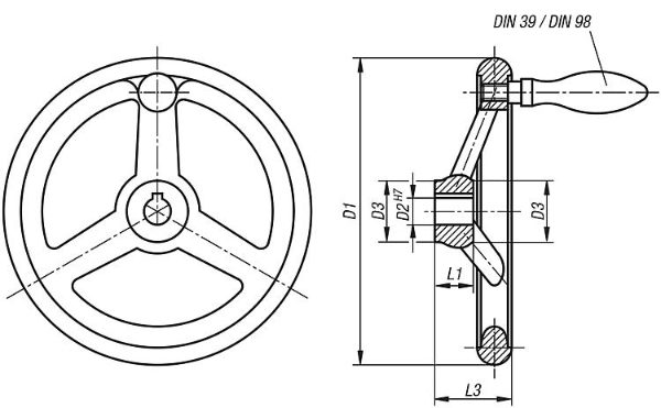 Handwheels DIN 950 grey cast iron, with fixed grip Drawing