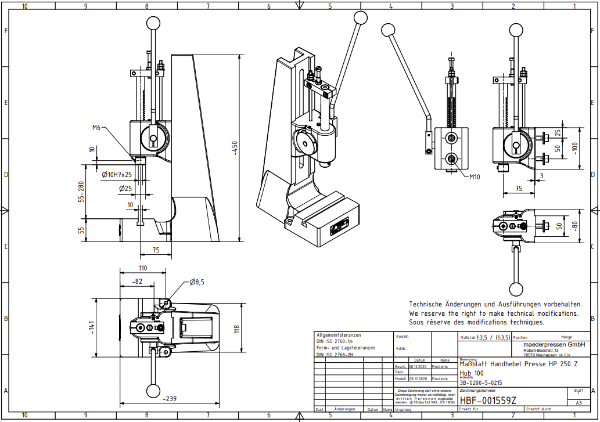 Rack & Pinion Press 2.0KN 100mm Stroke Dimension B 55-250mm