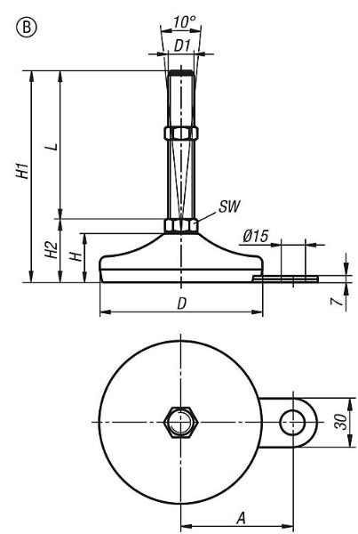 Levelling feet steel or stainless steel Form B Drawing